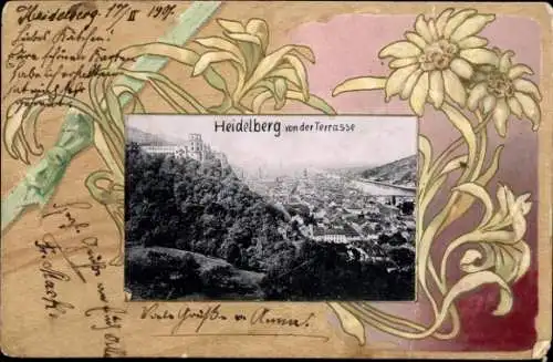 Ak Heidelberg am Neckar, Heidelberg von der Terrasse, Fluss, Burgruine, Alpenveilchen