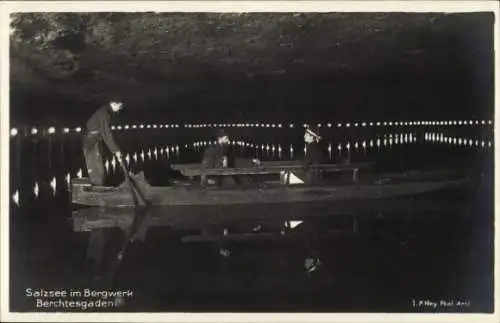 Ak Schönau am Königssee bei Berchtesgaden Oberbayern, Salzsee im Bergwerk, Boot auf dem Wasser, d