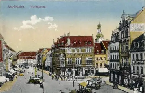 Ak Saarbrücken im Saarland, Marktplatz,  Gebäude, Straßenansicht, Fahrzeuge
