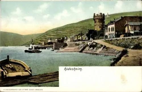 Ak Rüdesheim am Rhein,  Hafenansicht, Wasser, Boote, Türme, Architektur