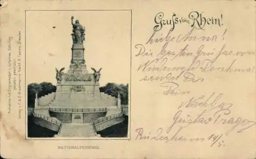 Ak Rüdesheim am Rhein, Nationaldenkmal, Gruß vom Rhein,  Statue, Denkmal