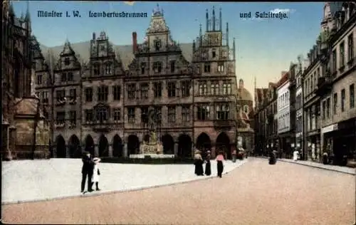 Ak Münster in Westfalen, Stadtansicht, Lambertusbrunnen, Salzstraße,  Architektur