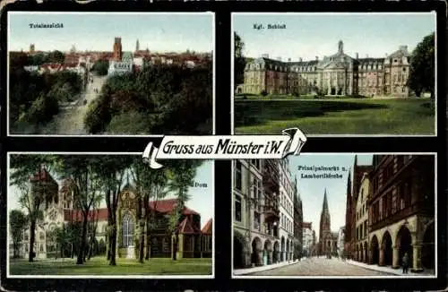 Ak Münster in Westfalen, Totalansicht, Schloss, Dom, Prinzipalmarkt und Lambertikirche