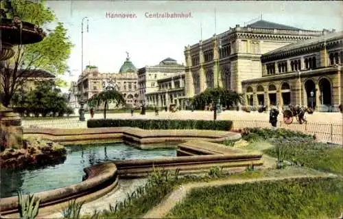 Ak Hannover, Blick auf den Zentralbahnhof vom Brunnen aus