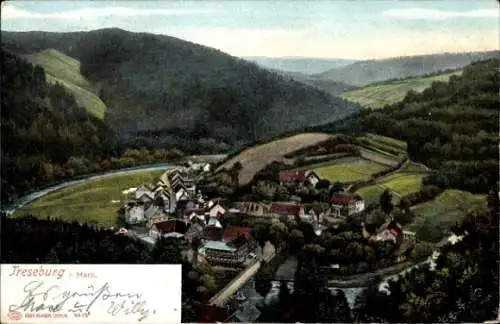 Ak Treseburg Thale im Harz, Landschaftsbild von  Fluss und Berge, Postkarte aus dem Harz