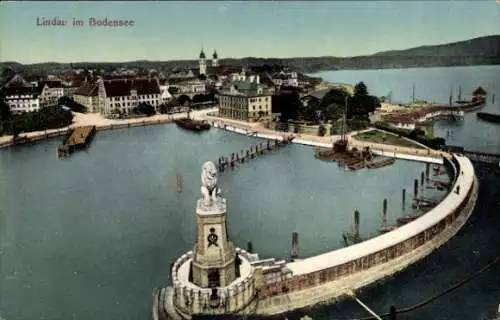 Ak Lindau am Bodensee Schwaben, Lindau im Bodensee, Hafenansicht, Löwendenkmal, Wasser, Häuser