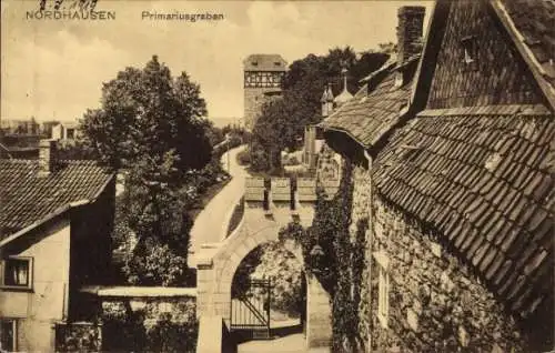 Ak Nordhausen am Harz,  Primariusgraben, alte Häuser, Baumlandschaft, Weg