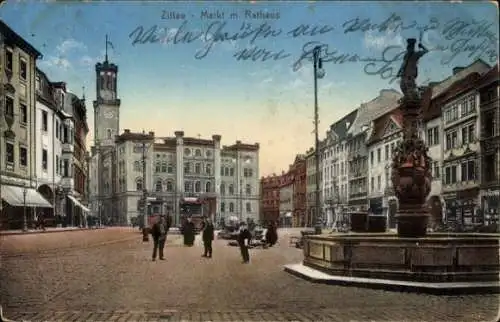 Ak Zittau in der Oberlausitz, Markt mit Rathaus, Straßenbahn