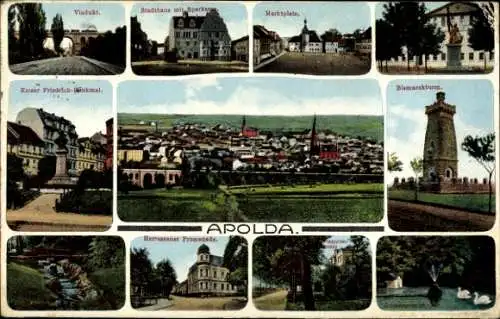 Ak Apolda in Thüringen, Viadukt, Stadshave mit Sparkag, Marktplatte, Kaiser Friedrich-okmal, Bism