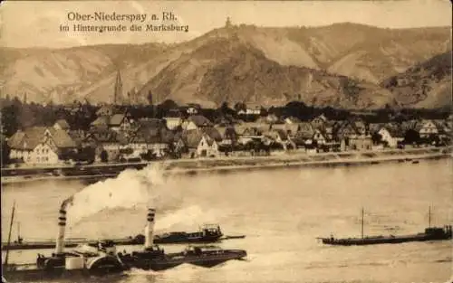 Ak Niederspay Spay am Rhein, Ober-Niederspay, im Hintergrund Marksburg