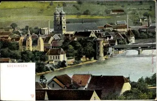 Ak Bad Säckingen am Hochrhein, Stadtansicht, Fachwerkhäuser, Kirche, Fluss, Brücke
