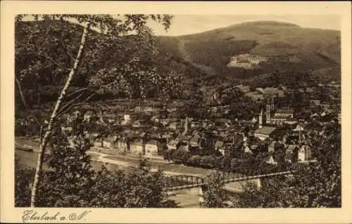 Ak Eberbach am Neckar Odenwald Baden, Landschaftsaufnahme, Stadtansicht, Fluss, Brücke, Kirche