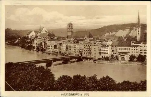 Ak Wasserburg am Inn Oberbayern, Stadtansicht von Wasserburg, Inn,  Gebäude, Flussfront