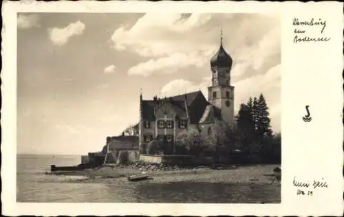 Ak Lindau am Bodensee Schwaben, Herrenhaus am See, Wasserturm, Wolken, Boot