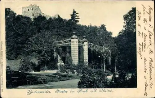 Ak Badenweiler im Schwarzwald, Ruin auf dem Hügel, Pavillon im Park, Bäume, Gartenanlagen