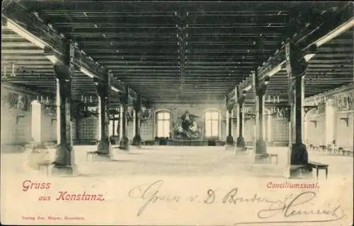 Ak Konstanz am Bodensee, Großer Saal, Holzsäulen, Kunstwerke, Gruß aus Konstanz