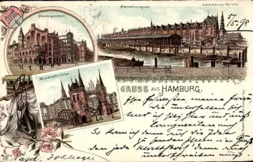 Ak Hamburg Mitte Altstadt, Fleur, Catharinen-Kirche, Sandthorquai, Staatsspeicher, Brooksbrücke
