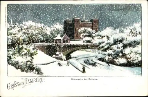 Ak Hamburg Mitte St. Georg, Seewarte im Schnee, Winterlandschaft, Schnee, Brücke
