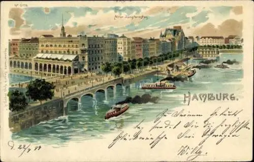 Ak Hamburg Mitte Altstadt, Altar Jungfernsteg, Aquarellierte Ansicht, Schiffe im Wasser, nmotiv