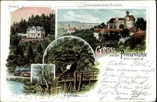 Ak Hartenstein im Erzgebirge Sachsen, Prinzenhöhle, Schönburg'sches Schloss, Forsthaus