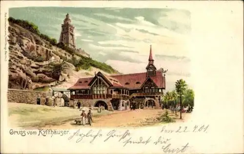 Litho Steinthaleben Kyffhäuserland in Thüringen, Kyffhäuser, Kaiser Wilhelm Denkmal, Gasthaus