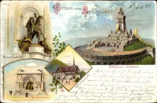 Litho Steinthaleben Kyffhäuserland, Denkmal, Barbarossa und Reiterstandbild, Wirtschaft