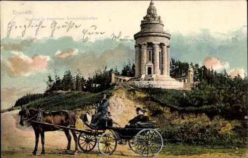 Ak Lutherstadt Eisenach Thüringen, Hellthal, Denkmal der Deutschen Burschenschaften, Pferd, Kutsc