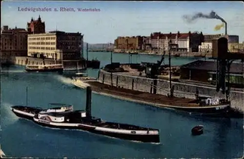 Ak Ludwigshafen am Rhein, Ludwigshafen a. Rhein, Winterhafen, Schiffe auf dem Wasser, Hafenansich