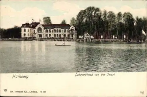 Ak Dutzendteich Nürnberg in Mittelfranken Bayern, Dutzendteich von der Insel, Wasser, Gebäude, Bä