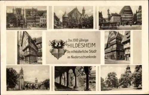 Ak Hildesheim in Niedersachsen, Wappen, Brunnen, Rathaus, Amtshaus, Kreuzgang, Michaeliskirche
