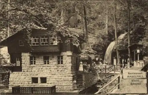 Ak Krippen Bad Schandau Sächsische Schweiz, Restaurant Amsel zufolge, Natur, Wasserfall, Bäume