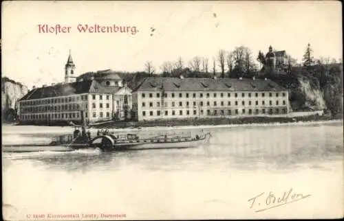 Ak Kelheim an der Donau Niederbayern, Kloster Weltenburg, Kloster   Landschaft, Flussboot, Archit