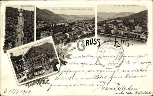 Litho Bad Ems, Malbergbahn, Kurhaus, Kaiserwohnung, Ems mit Schweizerhaus