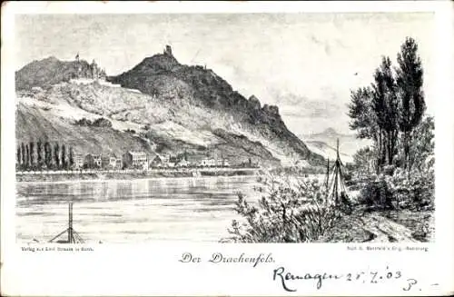 Ak Remagen am Rhein, Der Drachenfels, Rheinlandschaft, Radierung, Verlag Emil Strauss