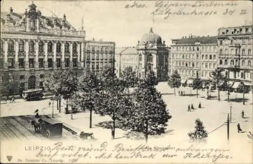 Ak Leipzig, Vorderansicht des Konigplatzes, alte Architektur, Straßenbahngleise