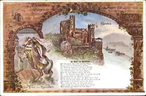 Ak Trechtingshausen am Rhein, Burg Rheinstein, Rheinische Burgen, Sagen, Burg  Ritter, Dame