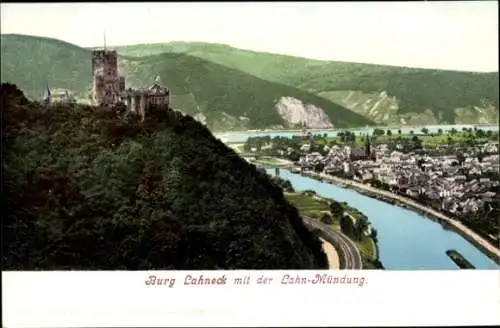 Ak Oberlahnstein Lahnstein am Rhein, Burg Lahneck, Burg  Lahn-Mündung, Fluss und Landschaft