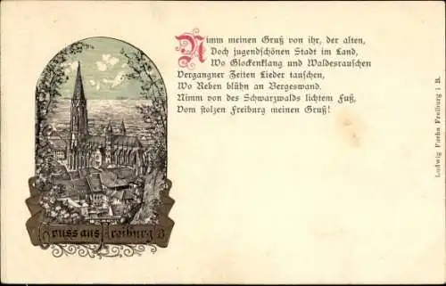 Ak Freiburg im Breisgau, Stadtansicht von  gotische Kathedrale, schwarzwaldlandschaft, Gedicht