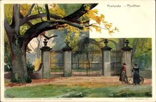 Ak Karlsruhe in Baden, Parkthor,  Gartenarchitektur, Radfahrer, Spaziergänger