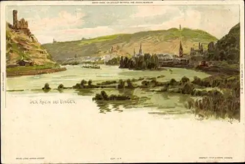 Ak Bingen am Rhein, Der Rhein, Hügel, Wasser, Bäume, Gebäude, Landschaft