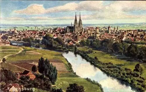 Künstler Ak Regensburg an der Donau Oberpfalz, Totalansicht der Stadt