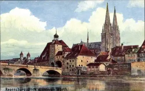 Künstler Ak Regensburg an der Donau Oberpfalz, Blick vom unteren Wörth, Nr. 2152 B