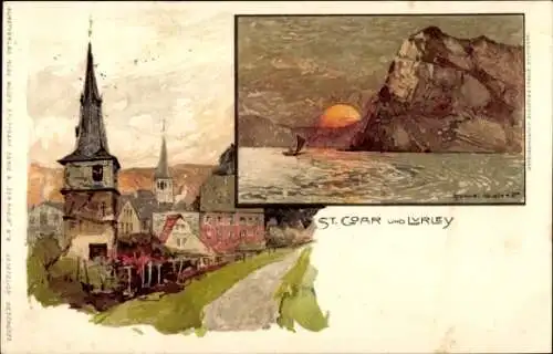 Künstler Litho St. Goar am Rhein, Stadtansicht, Loreleyfelsen