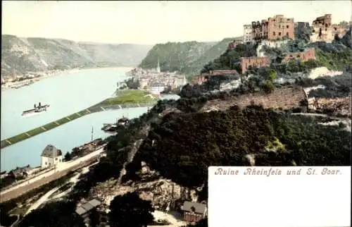 Ak St. Goarshausen am Rhein, Burg Katz, Ruine Rheinfels, St. Goar, Rheinlandschaft, Schiffe