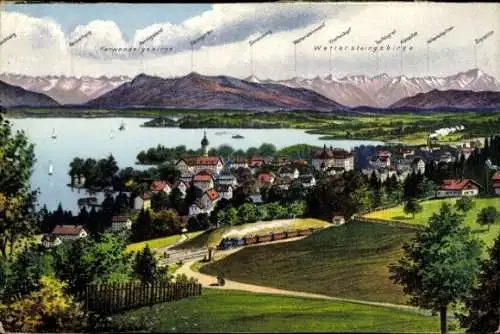 Ak Tutzing im Kreis Starnberg Oberbayern, Ortschaft mit Landschaftsblick, Karwendelgebirge, Jochberg