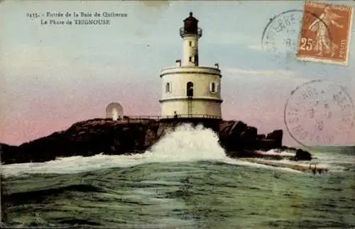 Ak Quiberon Morbihan, Leuchtturm Teignouse, Wellen, Küstenlandschaft, 