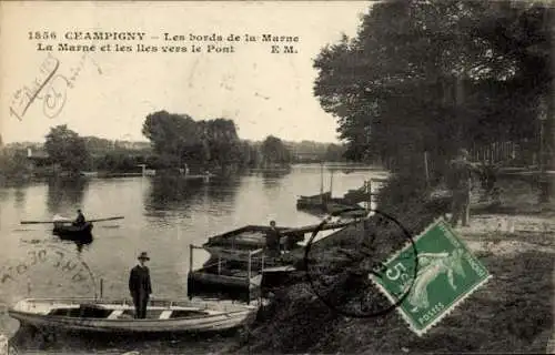 Ak Champigny sur Marne Val de Marne, Bilder von der Marne, Boote, Mann am Ufer, grüne Briefmarke