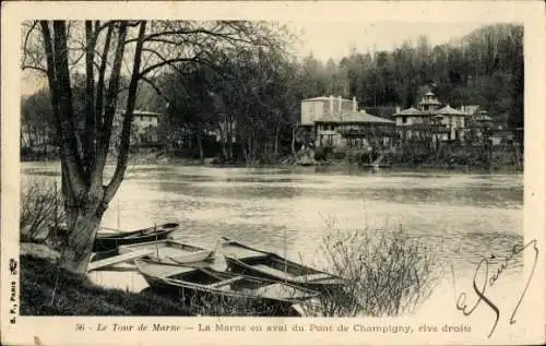 Ak Champigny sur Marne Val de Marne, Blick auf die Marne, Boote am Ufer, Gebäude im Hintergrund
