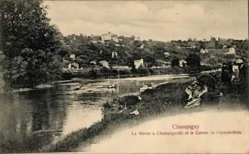 Ak Champigny sur Marne Val de Marne, Flussansicht, Bäume, Menschen, hügelige Landschaft,  Gebäude