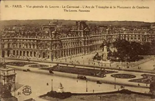 Ak Paris I Louvre, Panorama des Louvre, Carrousel, Arc de Triomphe, Monument de Gambetta